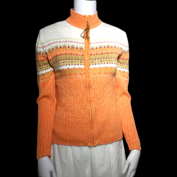 Vintage 90s Tiara International Apricot and Sage Fair Isle Zip Sweater - Picture 3 of 8